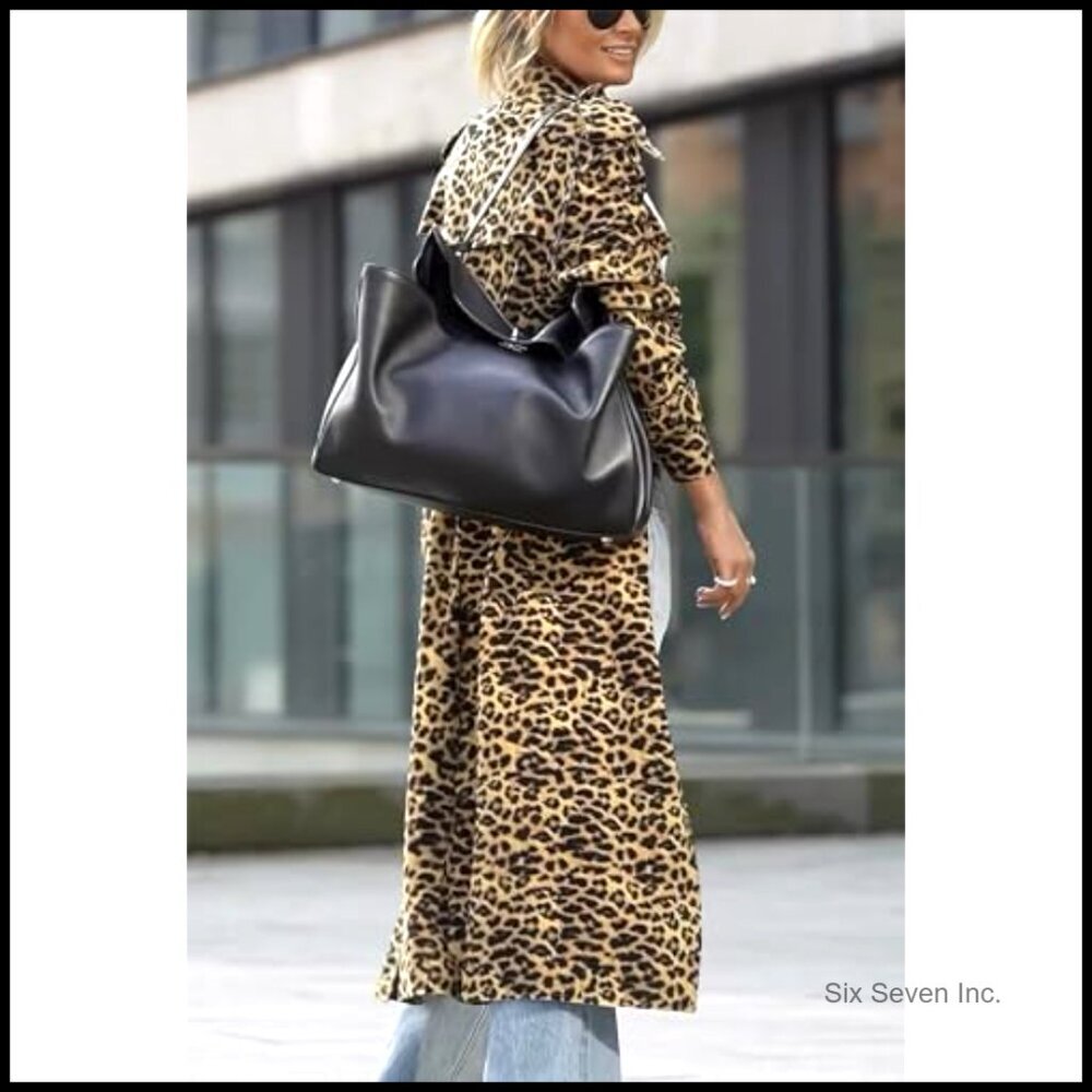 Loose Fit Faux Suede Trench Coat Notch Lapel Leopard Print Mid Calf - Picture 5 of 7